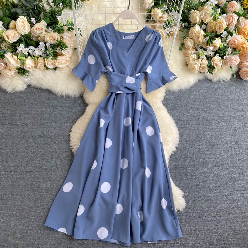 10 Color Summer Red V Neck Short Sleeve Bandage Waist Polka Dot Dress Women Flare Fashion Clothing Elegant Vestido 210429