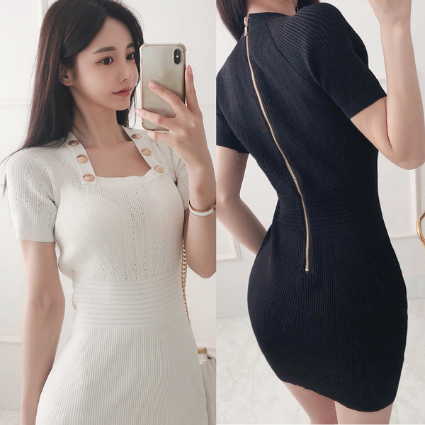Knitted Gold-button Square Neck Short Sleeve Back Zipper Mini Dress Bodycon Women Elegant Sexy Summer 210519