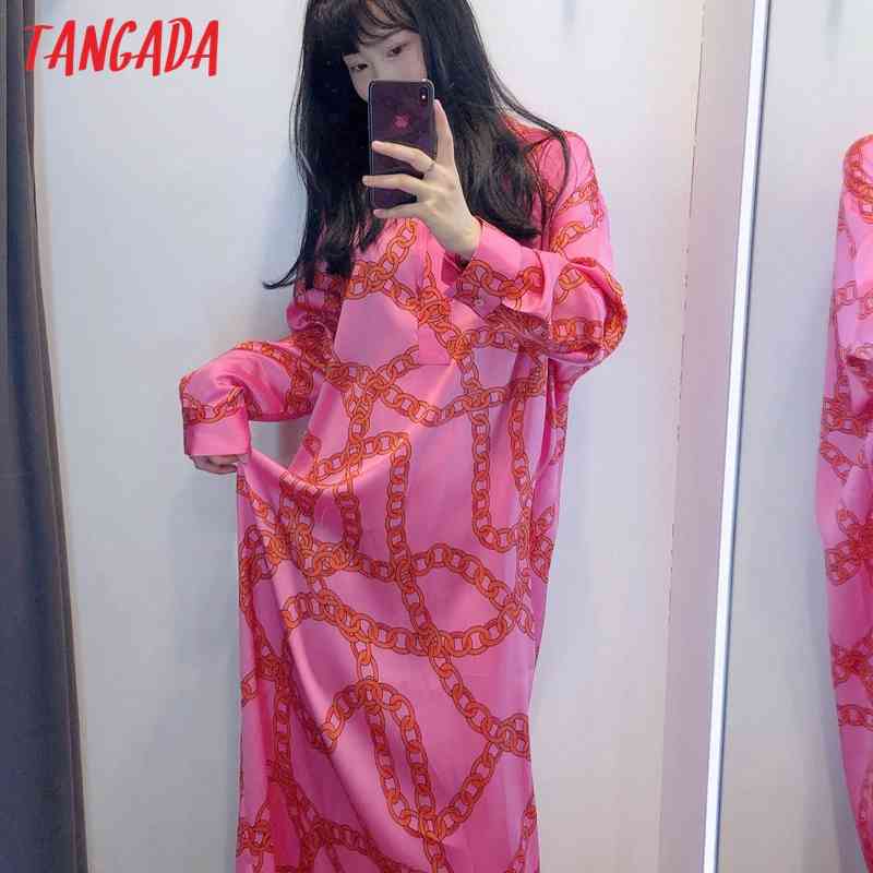 Women Chic Fashion Chain Print Midi Dress Loose Vintage Long Sleeve Button-up Female Dresses BE467 210416