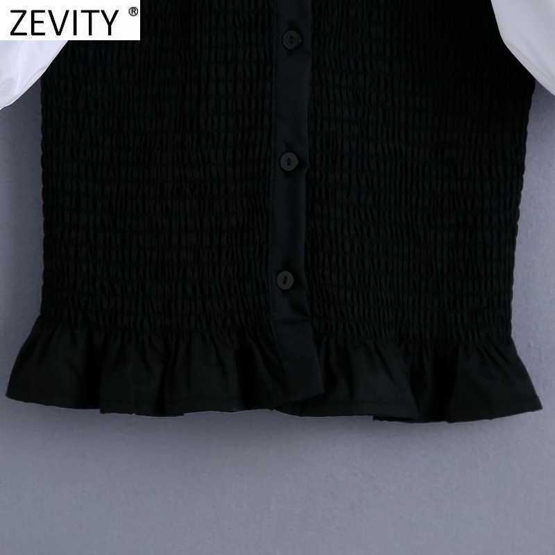 Zevity Women Sweet White Peter Pan Collar Patchwork Black Slim Short Blouse Female Puff Sleeve Shirt Chic Blusas Tops LS9385 210603