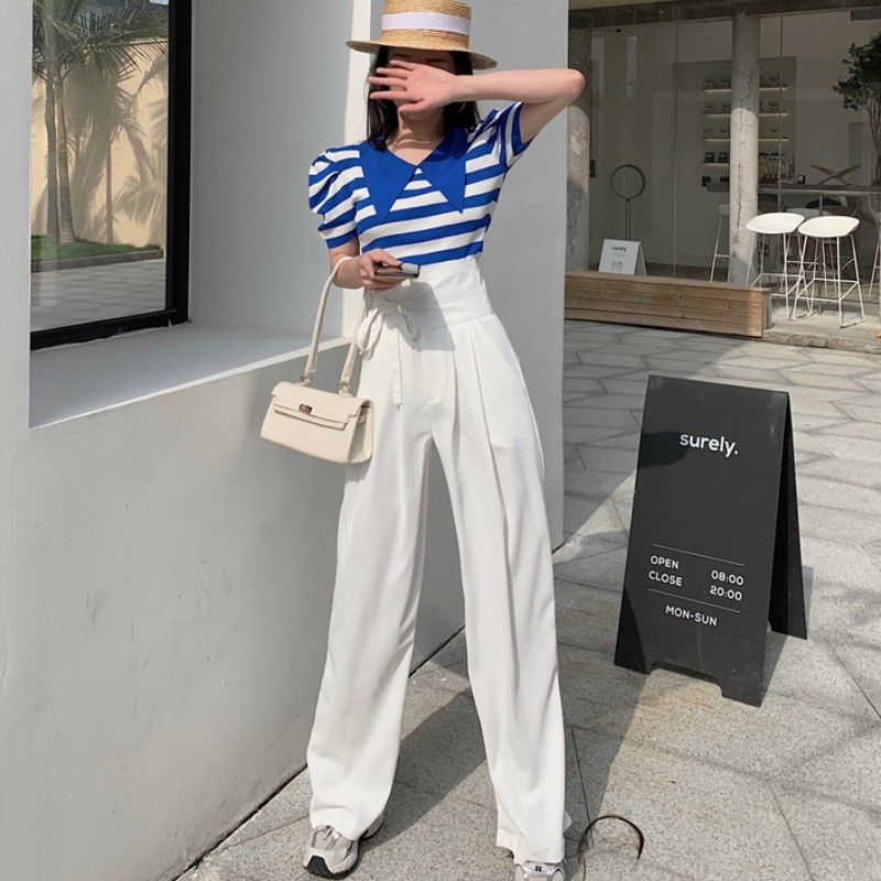 High Quality Summer 2 Piece Set Elegant Stripe Peter Pan Collar Puff Sleeve T-Shirt And Waist Wide leg pants Suit Female 210519