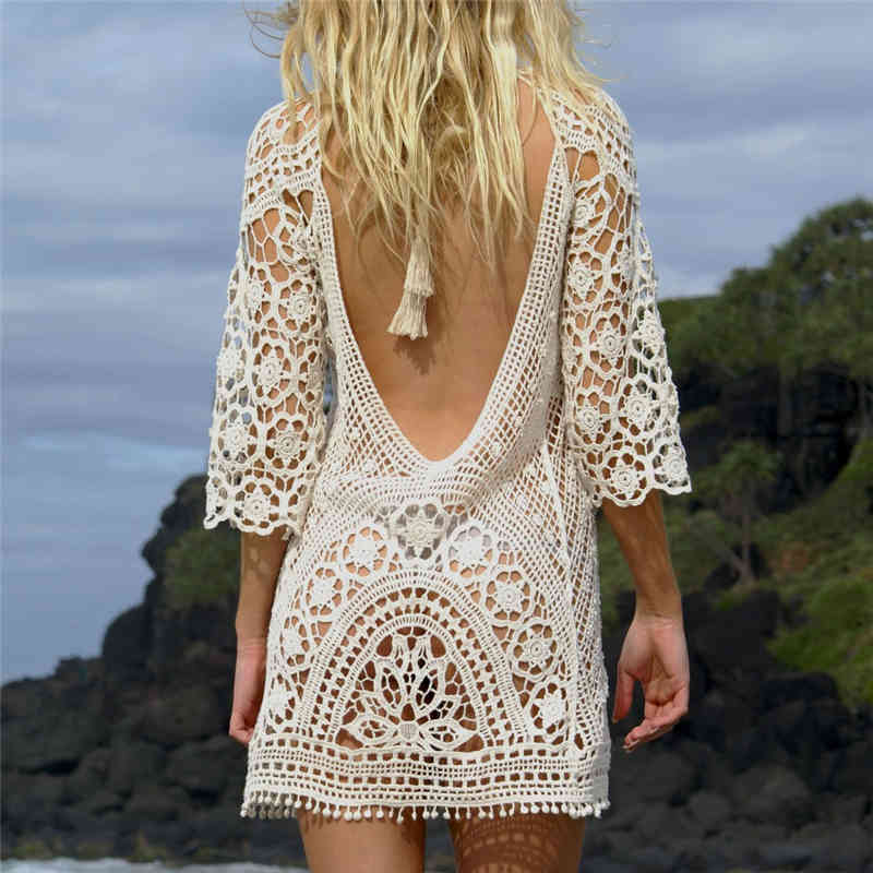 Arrivals Sexy Beach Cover up Backless Crochet Swimwear Dress Tunics for Women wear Coverups Saida de Praia #Q211 210420