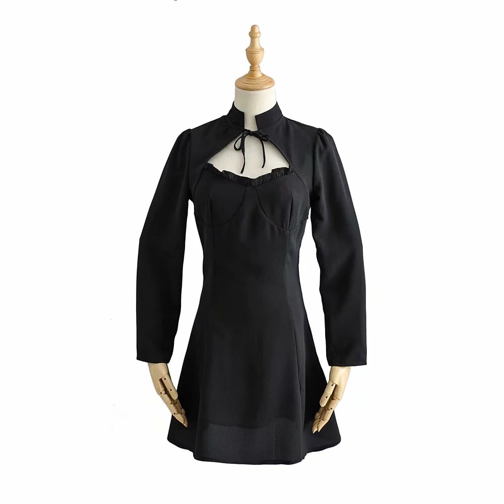 Vintage France Style Solid Color Hollow Out Women Dress Wine Red Long sleeve Lacing up Collar Slim Girl's Mini Dresses 210429