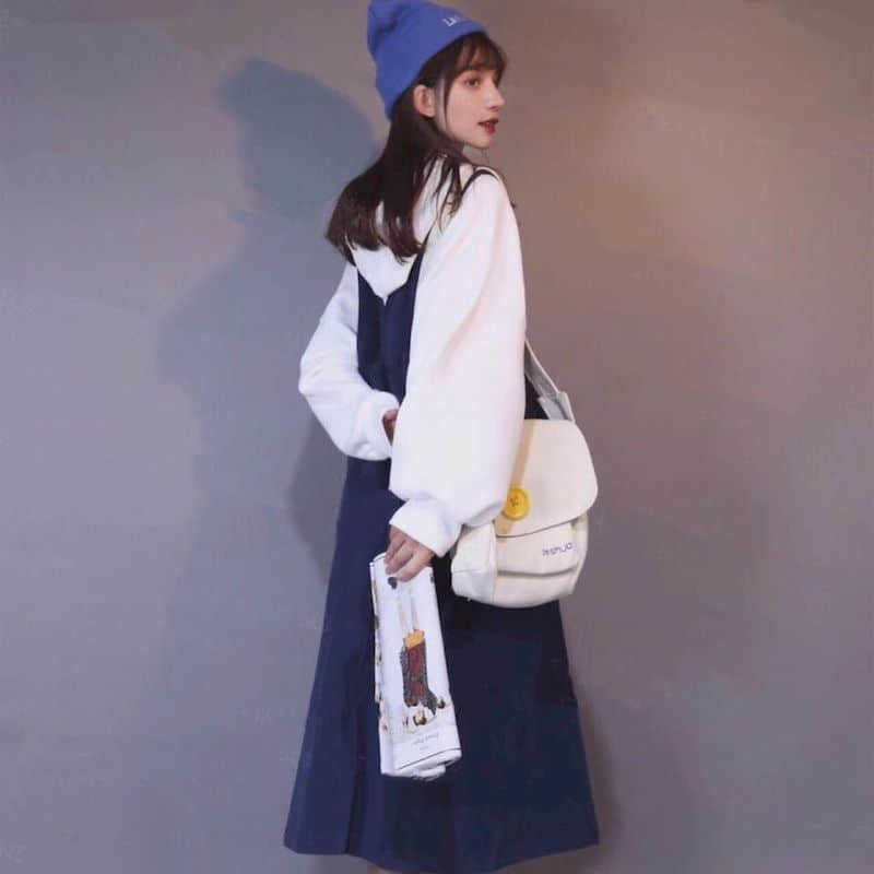 Women two-piece suit Korean style solid color wild sweater + loose and thin strap skirt fashion autumn winter college casual 210526