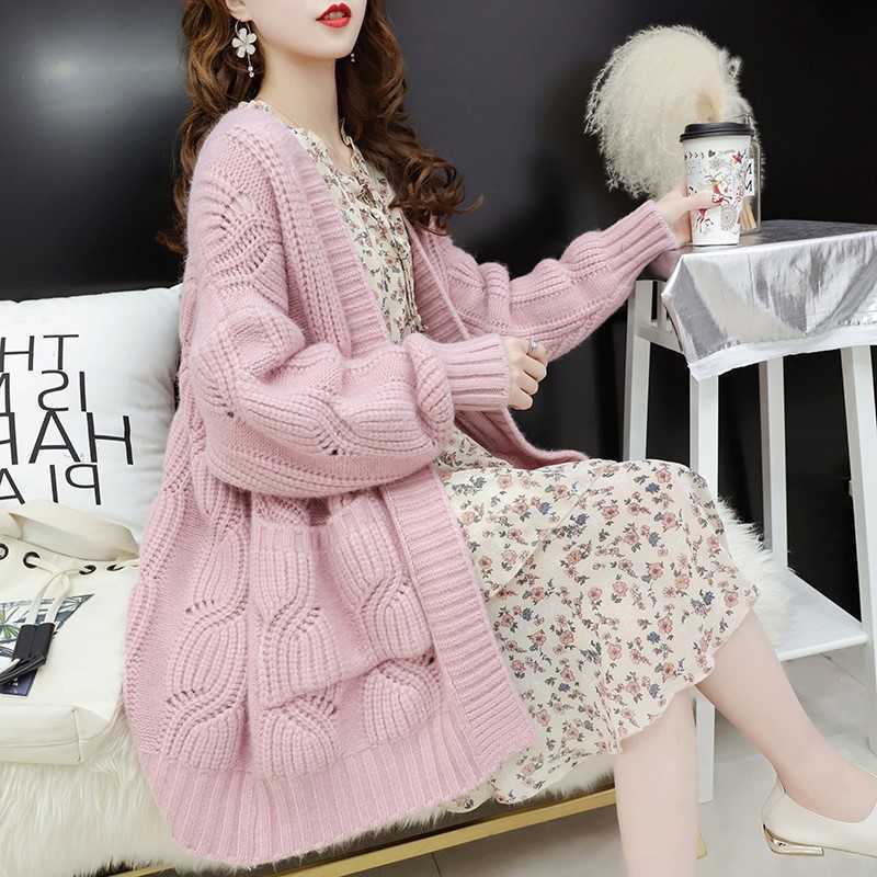 H.SA Long Sweet Sweater and Cardigans Women Pink Oversized Knit Poncho Yellow Cardigans Howllow Out Harajuku Tops 210716