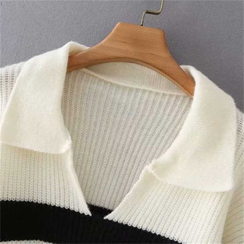 TRAF Women Fashion Striped POLO Collar Loose Knit Sweater Retro Long Sleeve Pullover Streetwear 211011Z