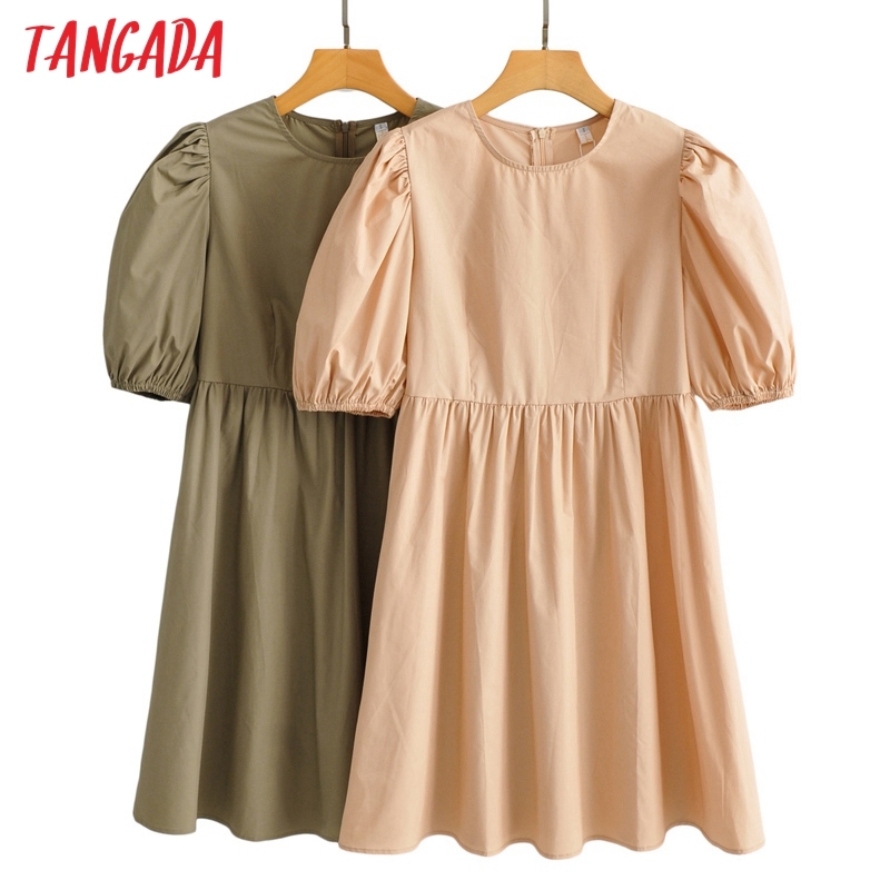 Women Khaki Summer O Neck Puff Short Sleeve Back Zipper Ladies Mini Dress Vestidos AI44 210416