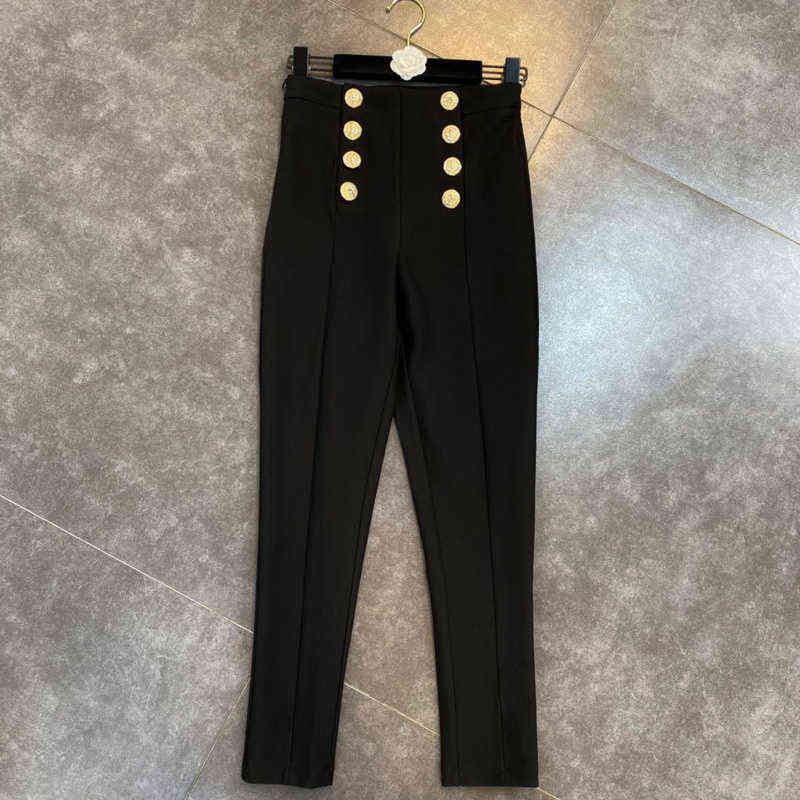 DEAT Autumn Spring Women Fashion Double Breasted Golden Button Decoration High Waist Slim Casual Pencil Pants RC768 211112