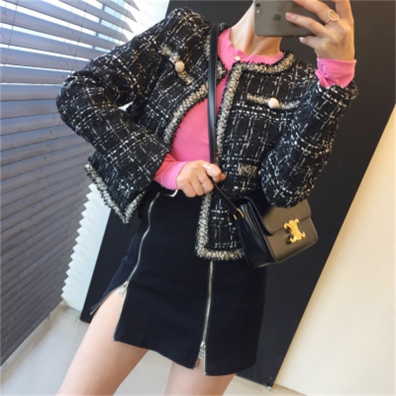 Korean Vintage Elegant Tweed Coats Jackets Women Autumn Winter Long Sleeve O-neck Fashion Ladies Jackets 210515