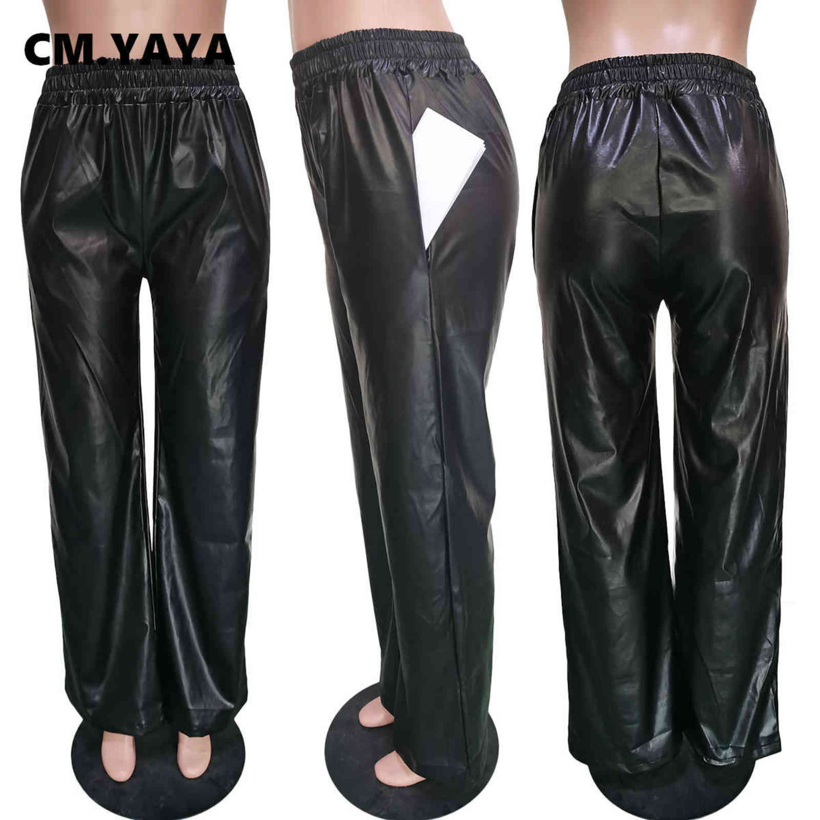 CM.YAYA Women Faux Leather Straight High Waist PU Pants INS Elegant Autumn Winter Solid Wide Leg Black Trousers 211115