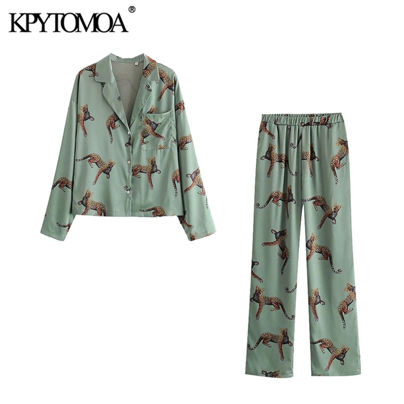 Women Fashion Animal Print Loose Button-up Blouses High Elastic Waist Ankle Trousers Female Sets Mujer 210420