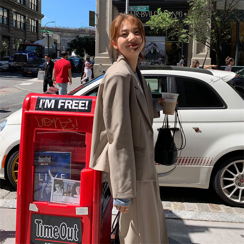 Beige Retro Chic Solid Gentle Lady Elegant OL Blazers + Vintage Casual All Match Straight Pants Set 2 Pieces Sets 210421