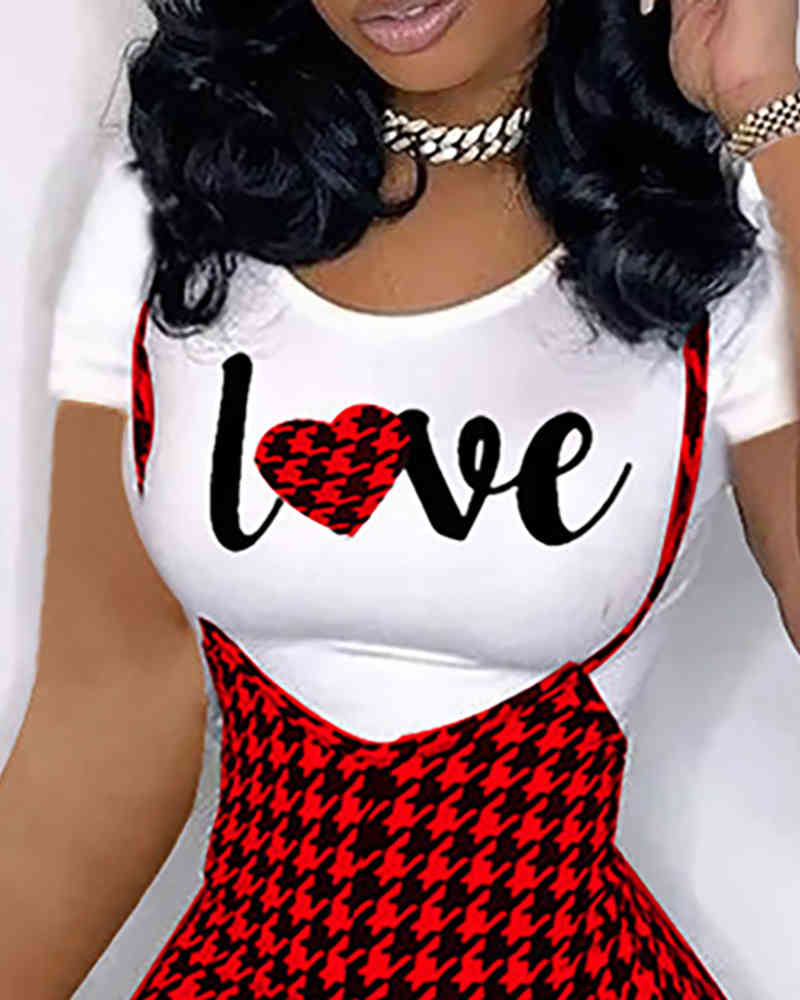 Spring Summer Women Plus Size Tee & Suspender Shorts Set New Female Letter Print Top & Classic Houndstooth Bottoms Set 210415