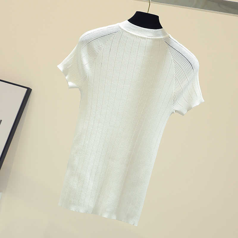 shintimes Thin Knitted White T Shirt Button Short Sleeve Tshirt Women 2020 Summer Solid Casual T-Shirt Female Tee Shirt Femme CX200713