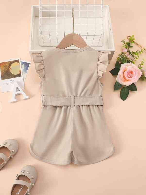 Baby Ruffle Trim Half Button Flap Detail Belted Romper SHE