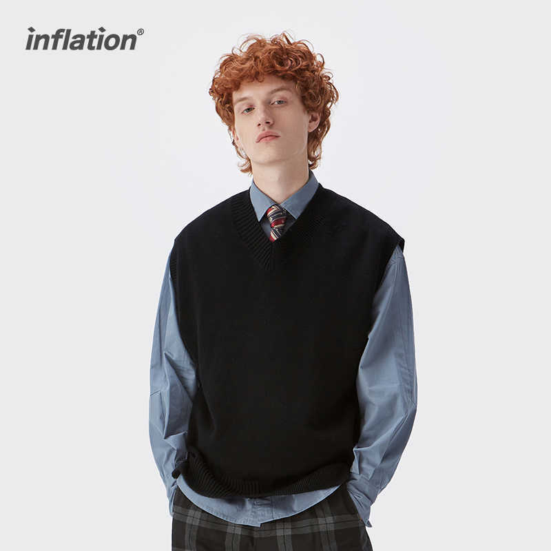 INFLATION Harajuku V-neck Sweater Vest Men Women Oversized Knitted Vest Fashion Matching Sleeveless Sweater Men Pullovers 211018