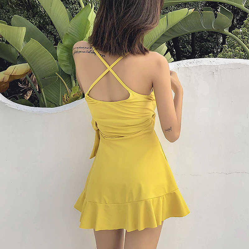 Push Up Tankini Swimsuit Women Swimwear Dress Korea Onepiece Swimming Suit For Ladies Bathing With Shorts 210625