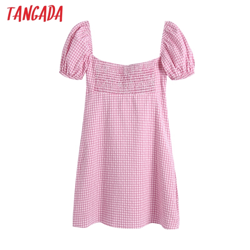 Summer Women Pink Plaid Beach Square Neck Short Sleeve Ladies Mini Dress Vestidos BE600 210416