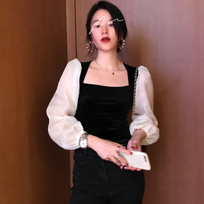 Nomikuma Korean Velour Women Shirt Puff Long Sleeve Hit Color Patchwork Square Collar Blusas Spring Slim Blouses New 6E377 210427