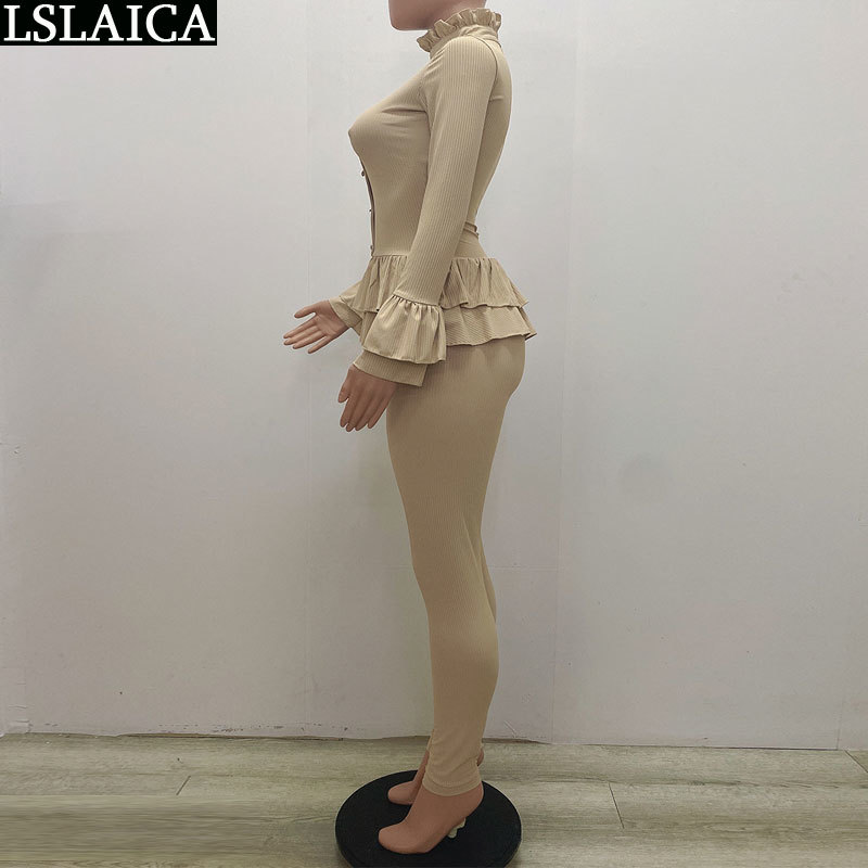 2 Piece Set Women Lounge Wear Casual Ruffles Long Sleeve Turtleneck Tops Pencil Pants Sets Autumn Slim Solid Fashion Outfits 210520