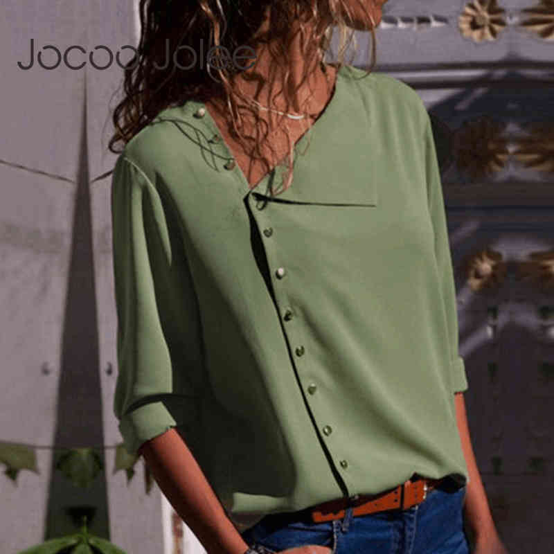 Women Long Sleeve Chiffon Blouses and Tops Fashion Skew Collar Button Fly Office Shirts Casual Blusas 210428