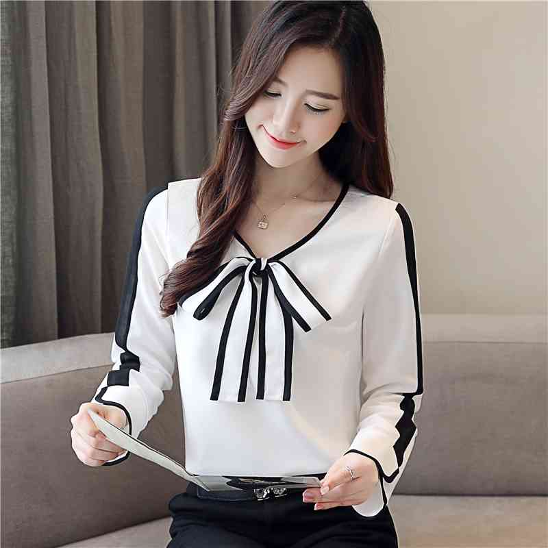 Fashion Womens Tops And Blouses Chiffon Long Sleeve Shirt White Bow V-neck OL Blusas 1026 40 210508