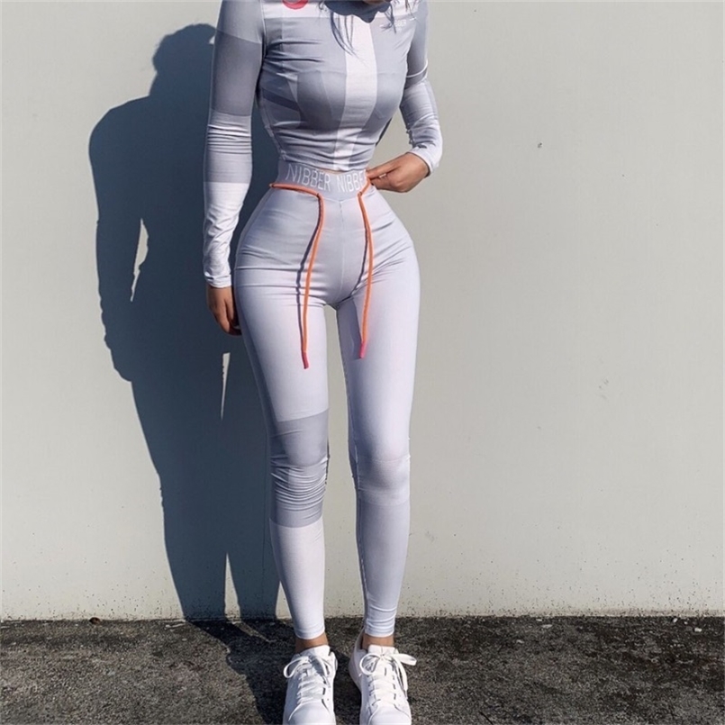 LAISIYI Women Long Sleeve CropTop Slim Outfit Tracksuit 2PCS Set Letter Print High Elastic Skinny Leggings Female Sportswear 210819