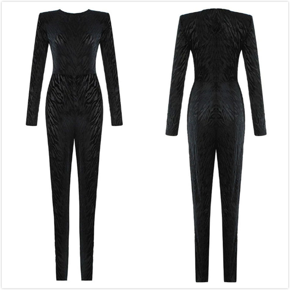 Free Chic Black Velvet Jumpsuit Fashion Long Sleeve Women's Striped Runway Party Bodycon 210524