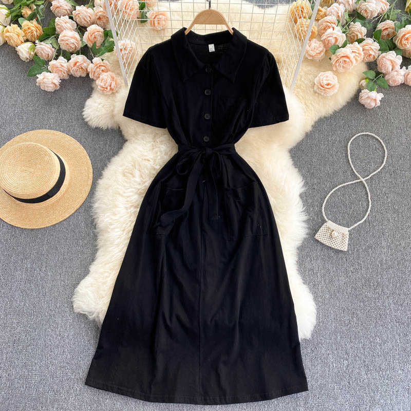 DEAT Women Black Belt Dress Turn-down Collar Short Sleeve Arrivals Lady Temperament Fashion Spring Summer 11D581 210709