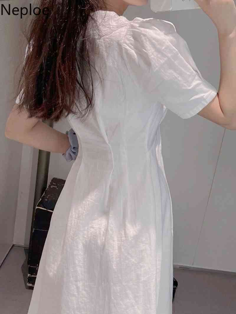 Neploe Woman Dress Puff Sleeve Peter Pan Collar White Vestidos Female Summer Robe Korean Fashion Sweet Elegant Dresses 95459 210422