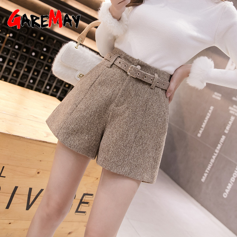 Autumn Winter Women Wide Leg Woolen Shorts High Waist Outerwear Warm Casual with Belt A-line 210428