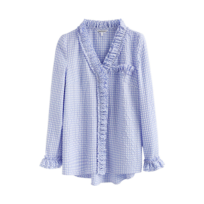 Dabuwawa Sweet Plaid Ruched Women Blouse V-Neck Long Sleeves Ruffle Top Elegant Casual High Street Shirt Office Lady DO1AST051 210520