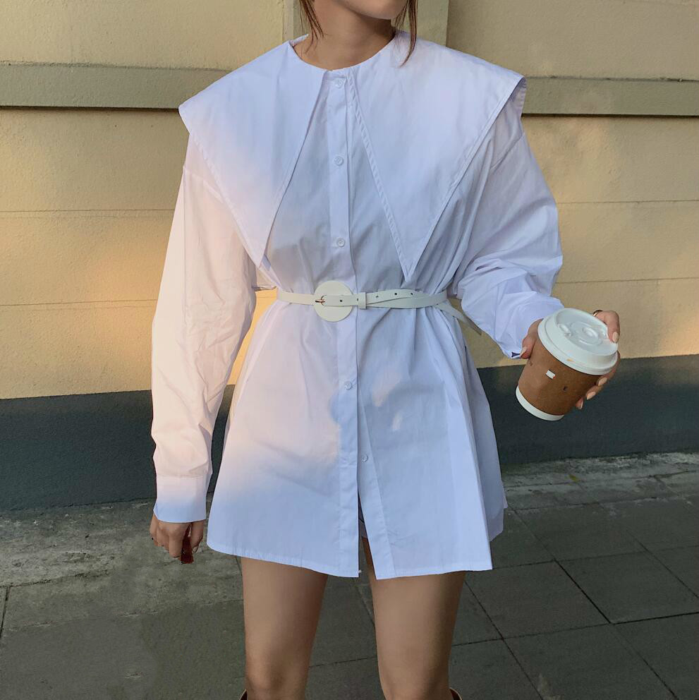 Nomikuma Spring Korean Women Blouse Sweet Peter Pan Collar Shirt Belt Slim Waist Medium-long Blusas Feminimos Top 6D846 210427