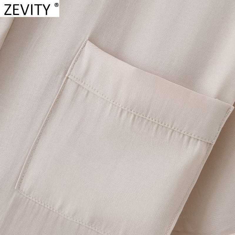 Zevity Women Simply Short Sleeve Solid Pocket Smock Blouse Office Ladies Casual Breasted Business Shirts Chic Blusas Tops LS9330 210603