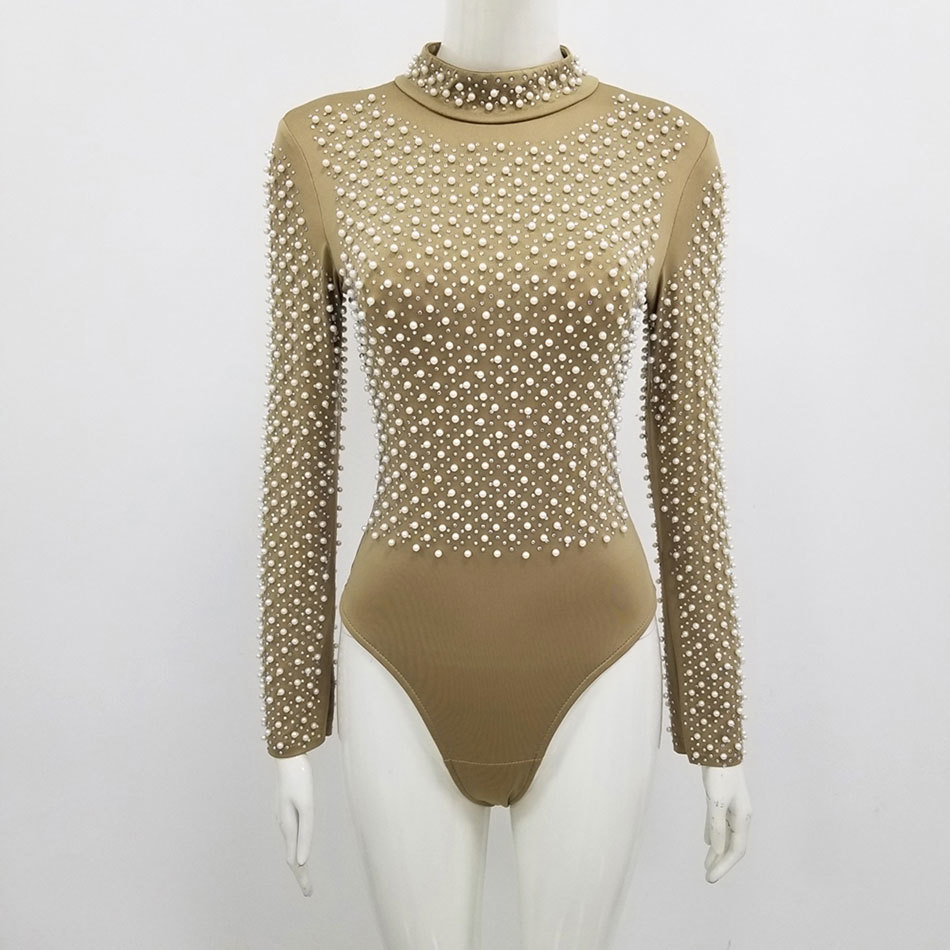 Free Heavy Industry Beaded Bodysuits Top Women's Elegant Stand Collar Long Sleeve Pantsless 210524