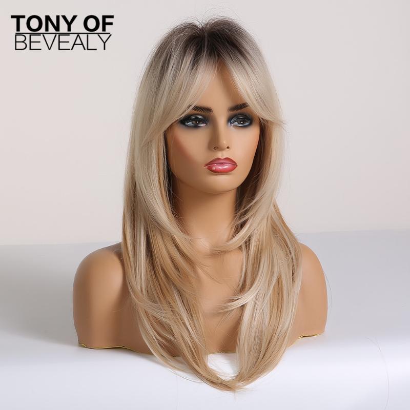 Synthetic Wigs Long Black To Blonde Ombre For Women Afro Cosplay With Bangs Wavy Layered Heat Resistant Fiber