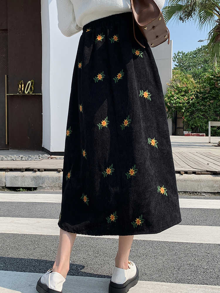 SURMIITRO Corduroy Midi Long Skirt Women Autumn Winter Korean Floral Embroidery Mid-Length High Waist A Line Skirt Female 211119