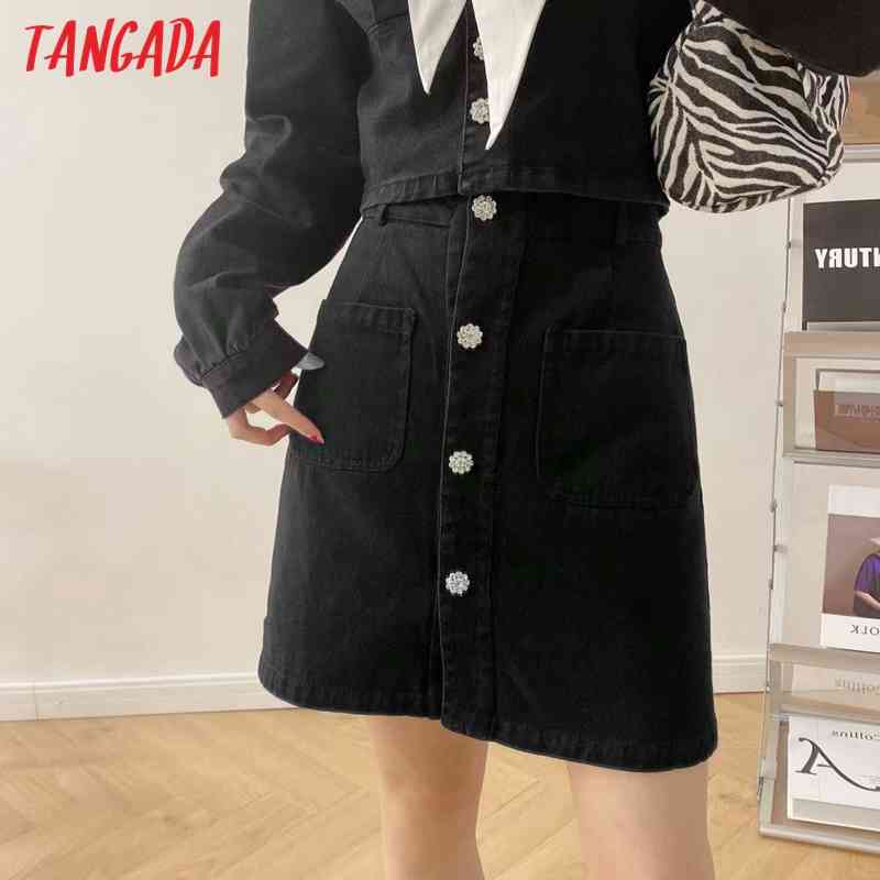 Women Black Denim Skirts Beading Buttons French Style Female Mini Skirt 5B14 210416