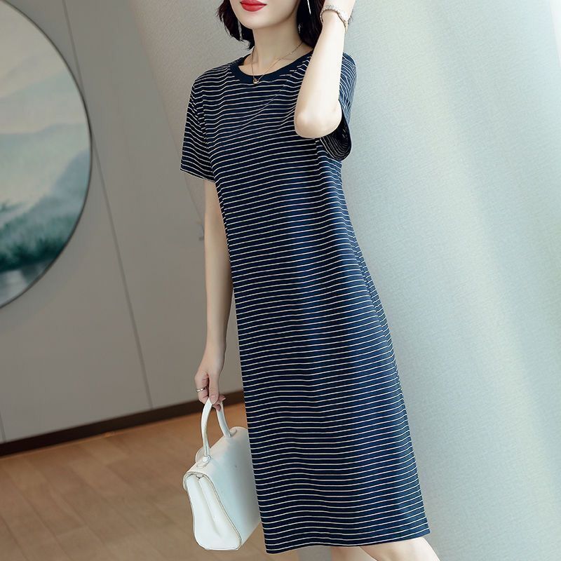 Summer Women Dresses Casual Short Sleeve O-Neck Striped Plus Size Loose Straight Tshirt Female Solid Midi Cotton 210522
