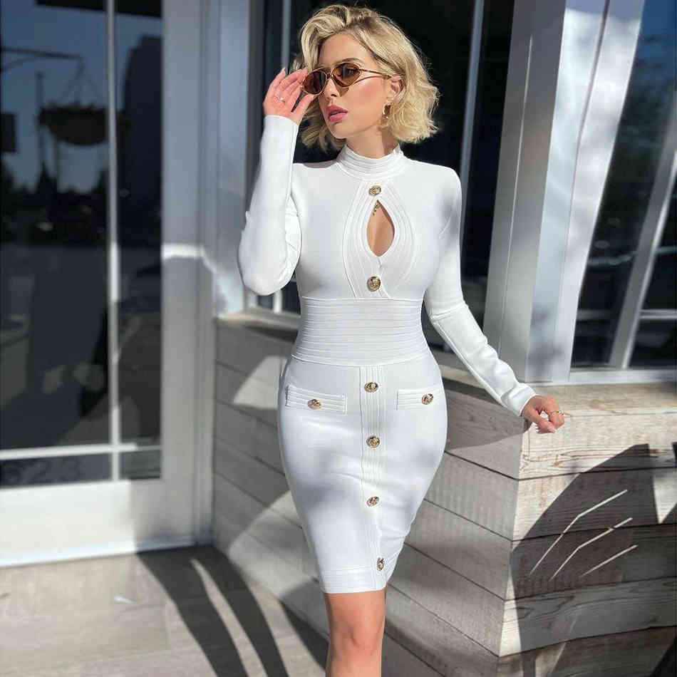 Free Women's Summer Bandage Dress White Long Sleeve Single Breasted Bodycon Sexy Hollow Club Party Vestidos 210524