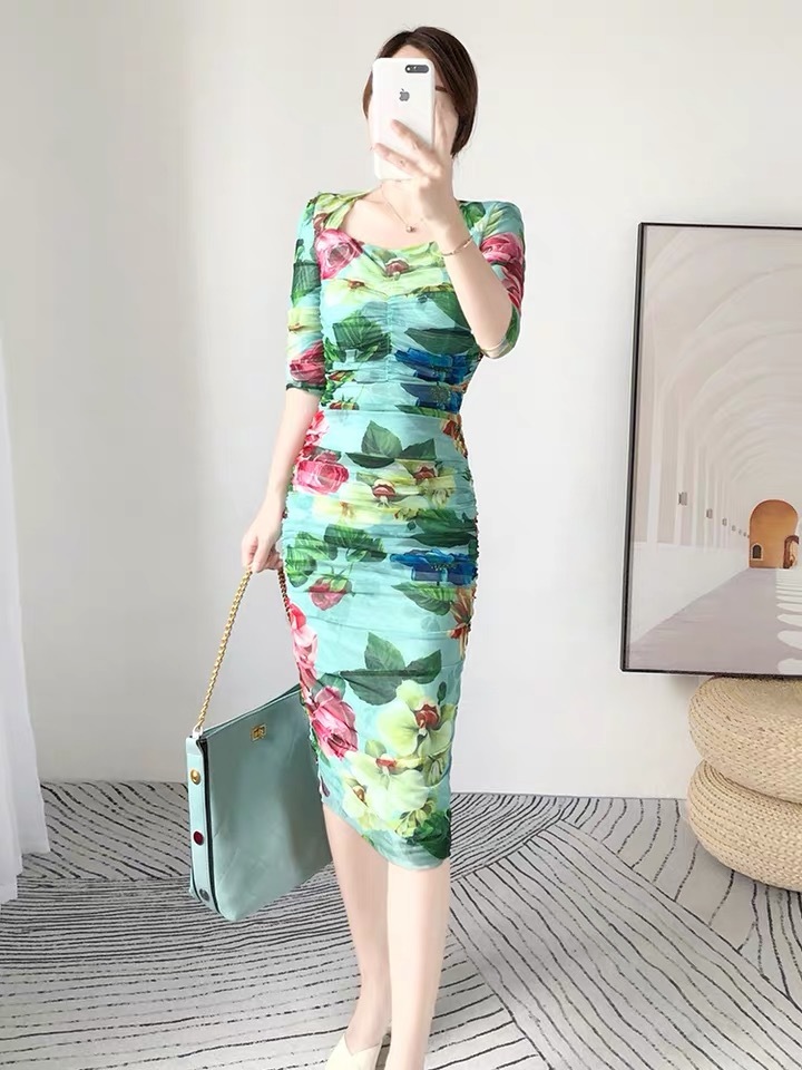 vintage sexy slim bodycon rose flower printed square collar midi dresses for party dinner night mesh floral vestidos robe 210421