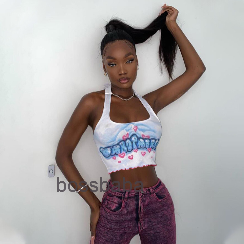 2021 Women Letter Print Vest Top Casual Knitted t Shirt Hanging Neck Round Collar Slim Vest Building Printed Top 815