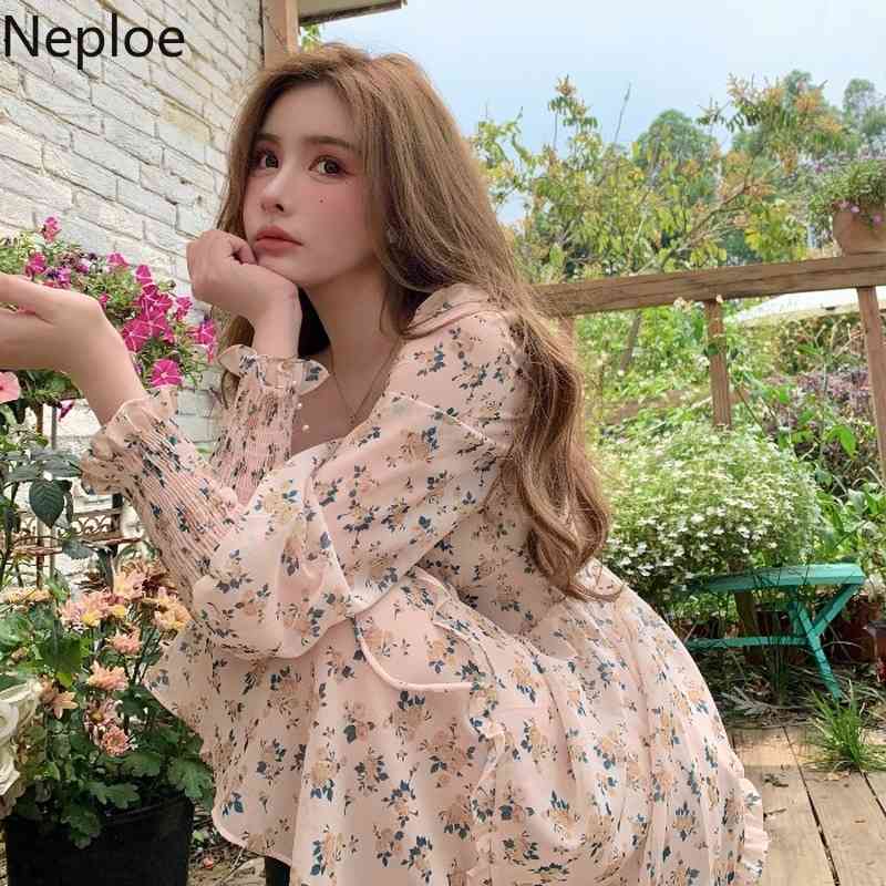 Neploe Summer Sweet Floral Dress Women Elegant Square Collar Long Sleeve Beach Dresses Temperament Slim Lace-up Chiffon Vestidos 210422