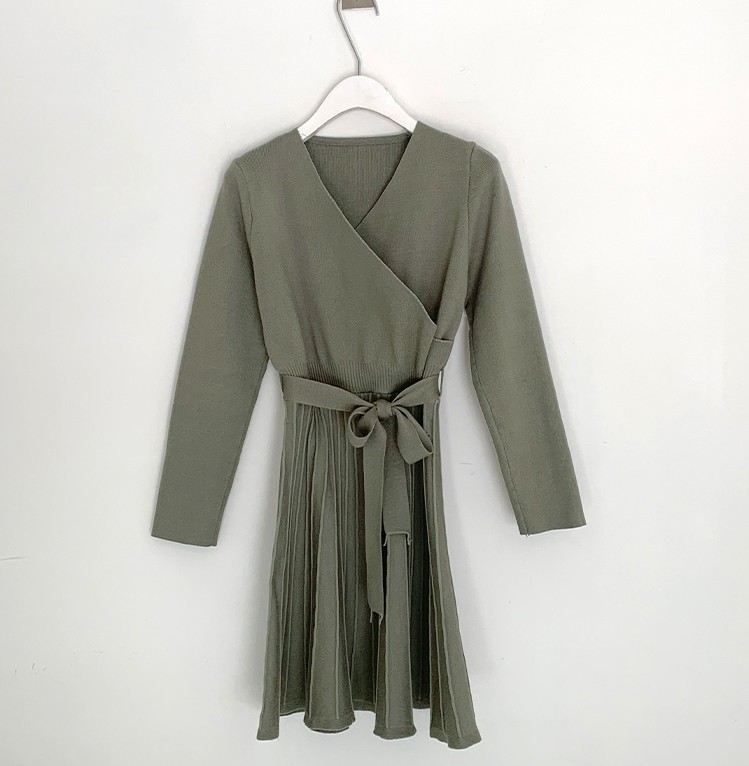 Elegant V-Neck Long Sleeve Knitted Dress Autumn Women Office Casual Lace-up Pleated Female Pullover Sweater 210519