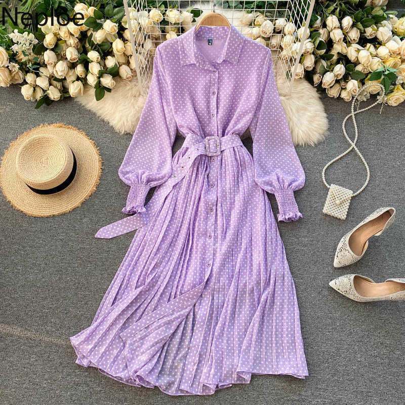 Neploe Korean Woman Dress Polka Dot Long Robe Lantren Sleeve Vestidos High Waist Lace Up Chiffon Pleated Women Clothes Dresses 210422