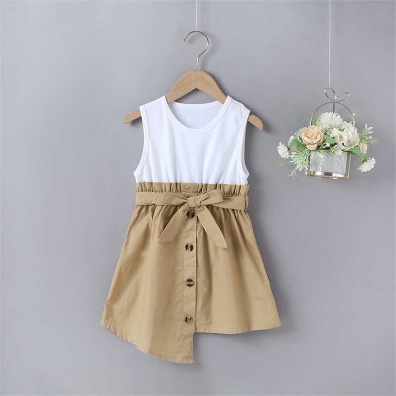Summer Girls Dress Sleeveless O Neck Patchwork Sashes Button Khaki Skirt Cute Vestidos 18M-6T 210629
Summer Girls Dress Sleeveless O Neck Patchwork Sashes Button Khaki Skirt Cute Vestidos 18M-6T 210629