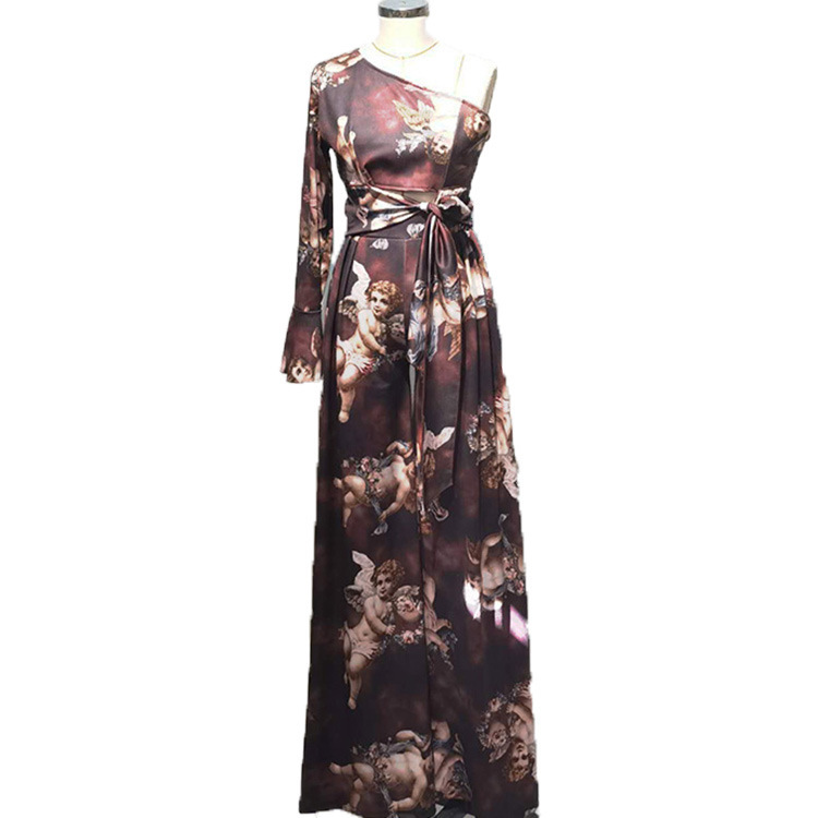 Women Sets Fashion Pants One Shoulder Flare Sleeve Crop Top With Long Two Piece And Spring 210513