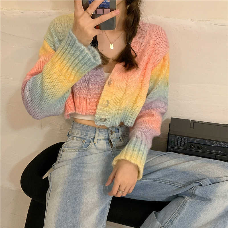 H.SA Spring Autumn Women Short Cardigans Rainbow Coloful Twisted Sweater Tops Knitted Spring Tops Rainbow Striped Cardigan 210716