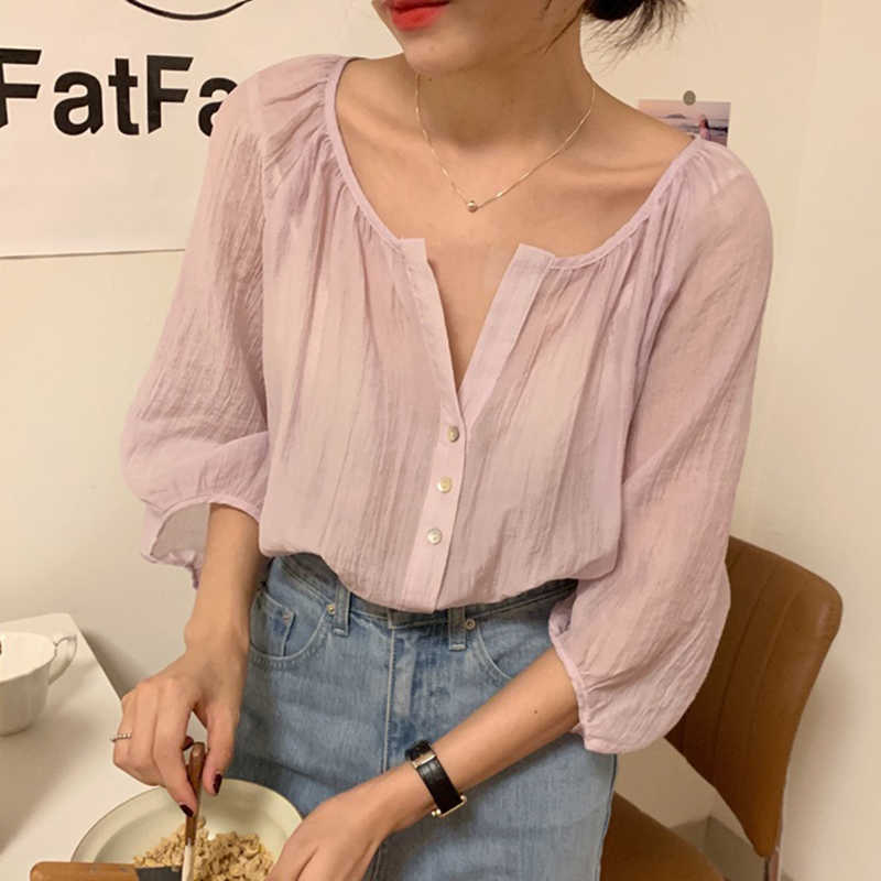 Korejpaa Women Shirt Summer Temperament Single-Breasted Seven-Point Lantern Sleeves Micro-Transparent Sunscreen Blouses 210526