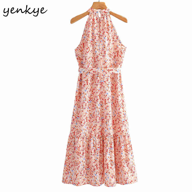 YENKYE Floral Print Halter Dress Women Sleeveless Free Belt Holiday Summer Beach Dress Female A-line Midi Casual Vestido 210515